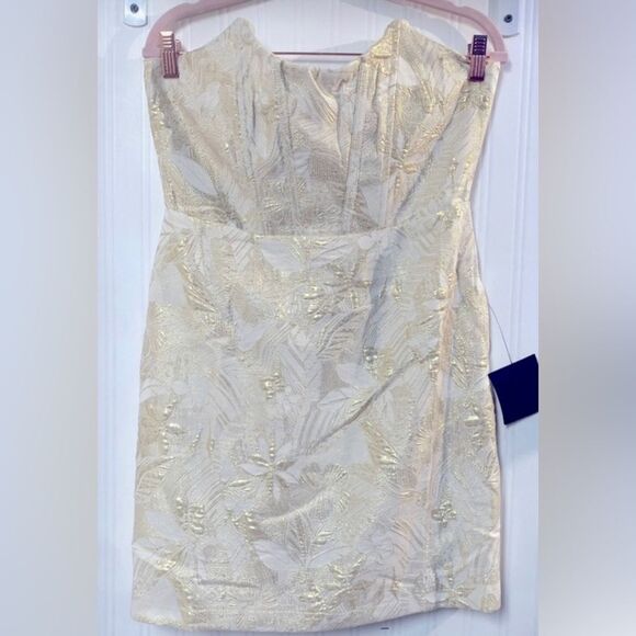 NWT Lulu’s Elegant Gold Strapless Dress Embroidered Sz L - Picture 1 of 5